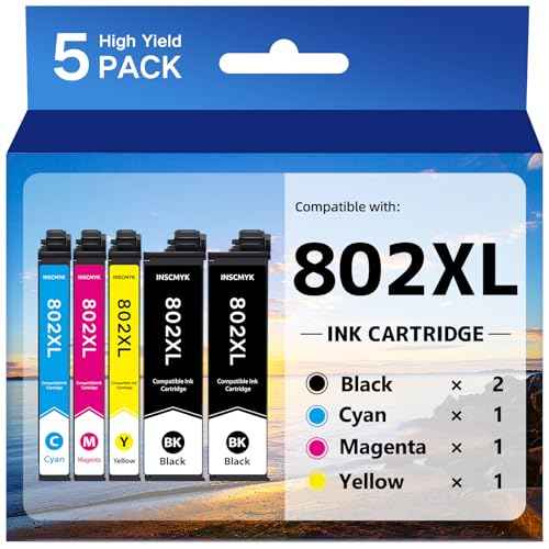 802XL Ink Cartridges for Printer Remanufactured for 802 Ink Cartridges Combo Pack 802 XL T802 T802XL for WF-4720 WF-4740 WF-4734 WF-4730 EC-4040 EC-4030 EC-4020 Printer (5 Pack)