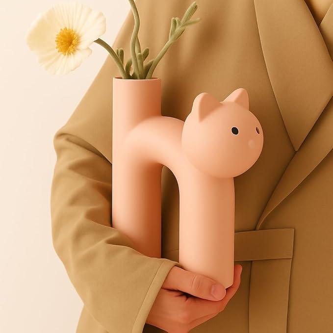 Pink Cat Lover Gift – Cute Animal Vase for Dried Flowers, Pampas Grass – Kawaii Boho Decor for Girls Room, Desk, or Shelf – Gift for Women, Girlfriend & Cat Moms