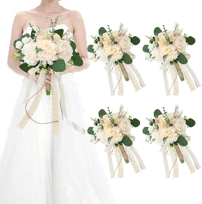 Set of 4 Bridesmaid Bouquets for Wedding, 9 Inch Boho Bridesmaid Flowers for Ceremony Anniversary Centerpieces Decorations, Artificial Rose Bouquets Romantic - Beige