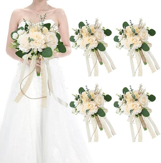 Set of 4 Bridesmaid Bouquets for Wedding, 9 Inch Boho Bridesmaid Flowers for Ceremony Anniversary Centerpieces Decorations, Artificial Rose Bouquets Romantic - Beige