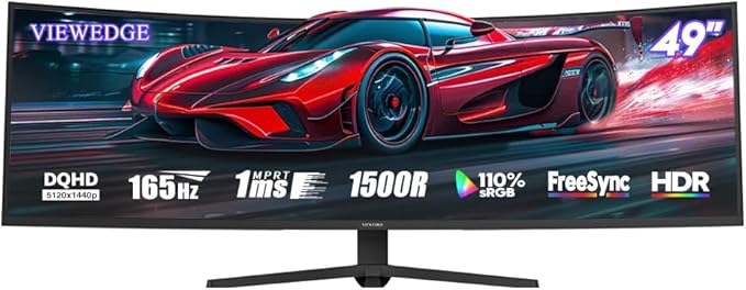 Viewedge 49" Curved Monitor Ultrawide Gaming 165Hz 1ms 32:9 DQHD 5120 x 1440P Computer Monitor, R1500, 110% sRGB, DisplayPort, HDMI,Support Crosshair and Wall Mount