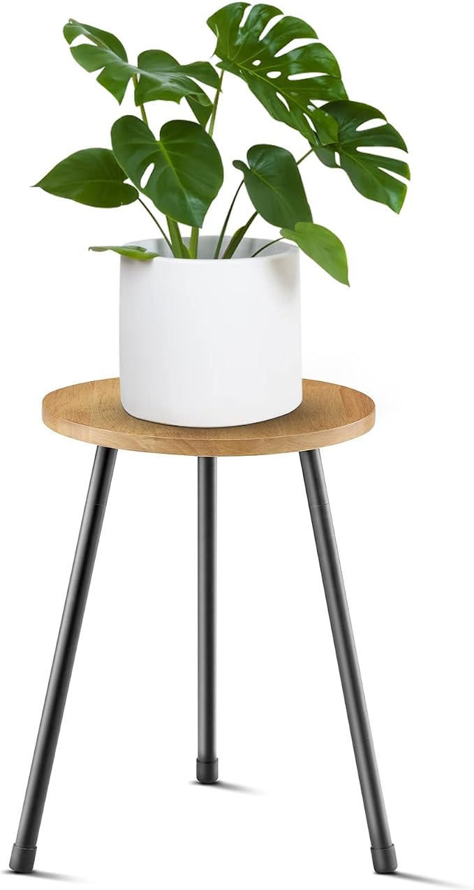 KINNARY Indoor Plant Stand, Mid Century Wood Plant Stand Plant Table for Flower Pots, Tall Metal Plant Holder, Modern Home Decor Small Round Side End Table (11.8"x16")