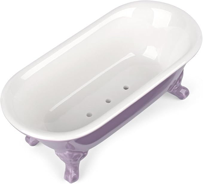 6.5" Ceramic Mini Decorative Clawfoot Bathtub Bar Soap Dish, Kitchen Sponge Holder and Shower Tray for Bathroom, 1 Pack(Lavender)