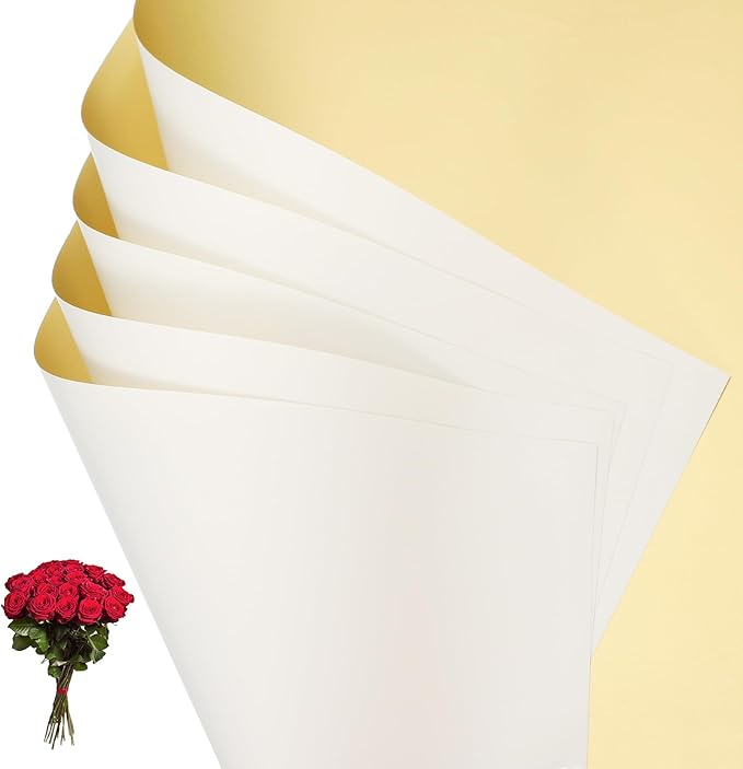 PATIKIL Flower Gift Wrapping Paper, 20 Sheets Double Sided Golden Waterproof Bouquet Paper Wrap Florist Supplies Packaging Floral Papers for Wedding DIY Craft Valentine, White/Gold