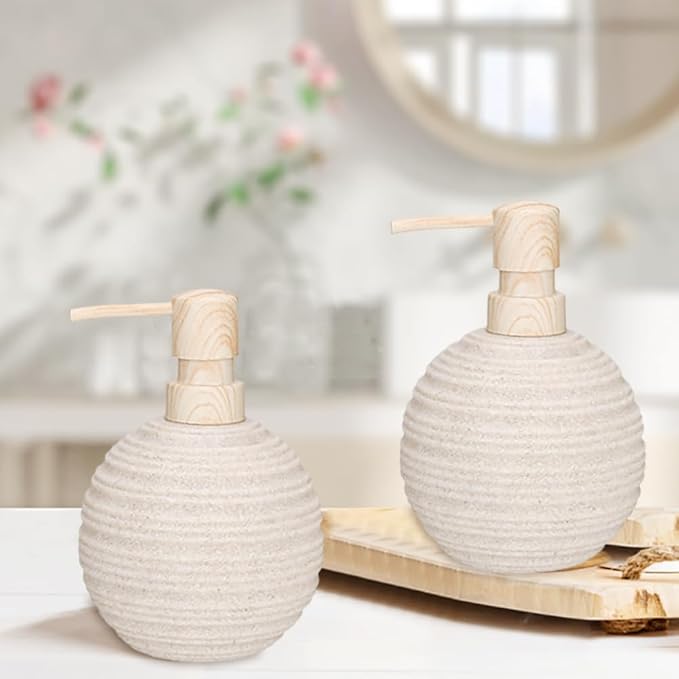 2pcs Hand Soap Dispenser Set, Sandstone Textured Resin Liquid Soap Dispenser for Bathroom Countertop, Heavy & Sturdy Dish Wash Soap Dispenser for Kitchen, Matte Beige