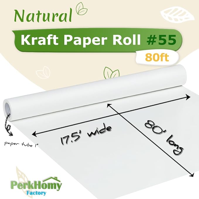 PerkHomy White Kraft Paper Roll 17.5" x 960" (80') for Gift Wrapping Bouquet Flower Art Painting Craft Writing Packaging Shipping 80GSM 55LB (White, 17.5" x 80')