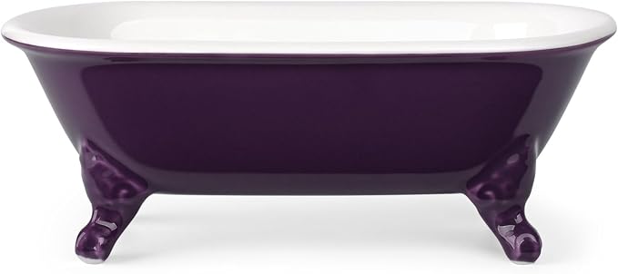 6.5" Ceramic Mini Decorative Clawfoot Bathtub Bar Soap Dish, Kitchen Sponge Holder and Shower Tray for Bathroom, 1 Pack(Plum)