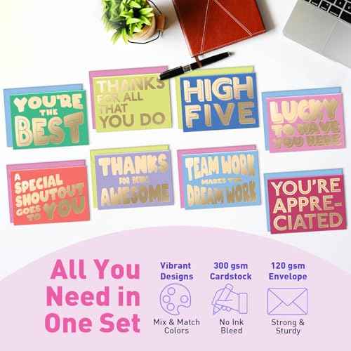S&O Employee Appreciation Cards for Coworkers - 8 Designs - Assorted Thank You Cards with Envelopes - For Office Staff Recognition, Work Anniversary & Gratitude - Staff Appreciation, 4x5.5¡±