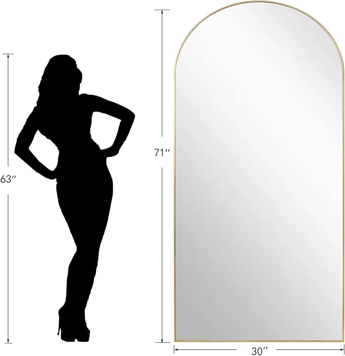 Dewfig Arched Full Length Mirror, 71"*30" Large Floor Mirrors, Full Body Mirror for Leaning or Hanging, Standing Mirrors for Bedroom, Living Room,Dressing Room, Aluminum Alloy Frame, Gold