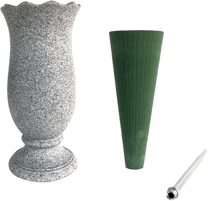 Grave Vase for Cemetery Memorial Grave Decoration Marble Color with Ground Spikes Comes with Flower Foam…