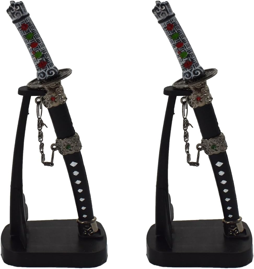 Skiennix Mini Japanese Samurai Katana Sword - 2-Piece Paper Knife Set with Black Scabbard & Display Stand
