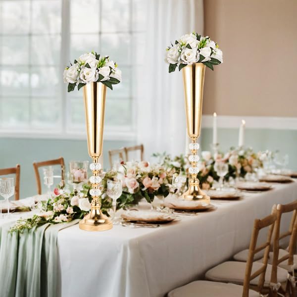 Tabletop Metal Vase Set of 2, Decorative Gold Vases for Centerpieces, Trumpet Vases for Flowers, Tall Table Flower Arrangements for Anniversary Birthday Party Wedding Home Decor (Gold- 2pcs)