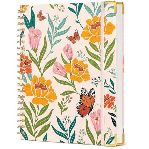 Cute Spiral Notebook Journal for Women, 200 Pages Lined Notebooks 8.5¡± x 11¡±, A4 Large Hardcover Spiral Journals with 100 GSM Thick Paper, College Ruled Notebook for Writing Work School, Orange Floral
