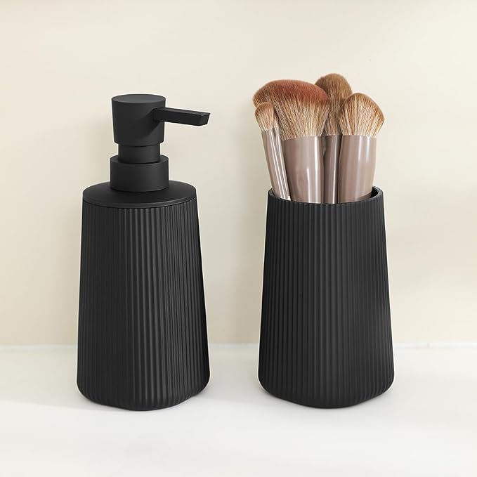 YAUKPH Bathroom Accessories Set 2 Piece Soap Dispenser and Toothbrush Holder for Bathroom Countertop Striped Black