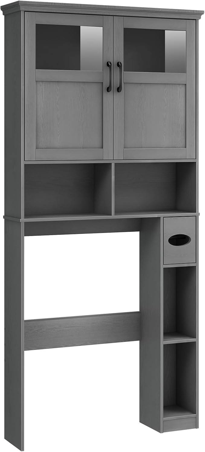 Over The Toilet Storage Cabinet With Double Doors & Paper Holder Stand, Freestanding Shelf Space Saver, Anti-Tip Design & Adjustable Shelf, Natural Grey