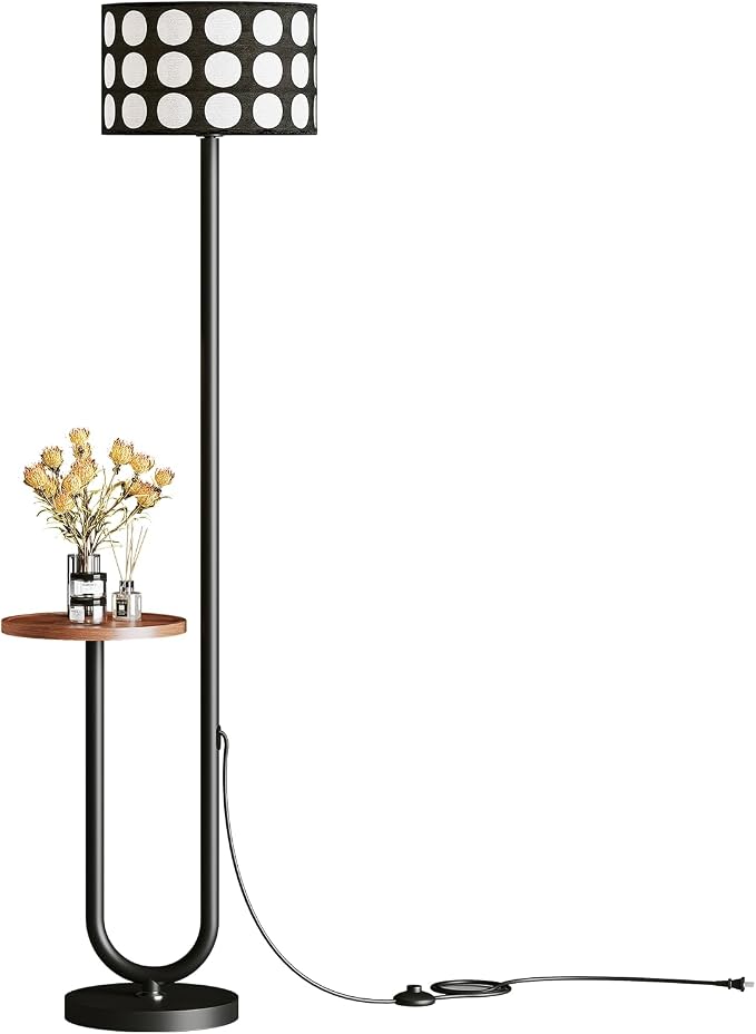 62.9" Floor Lamp with Table Brown, Black Lampshade Vintage Standing Lamp with Tray Foot Switch, 3 Color Temperatures LED Bulb Included, for Living Room, Bedroom