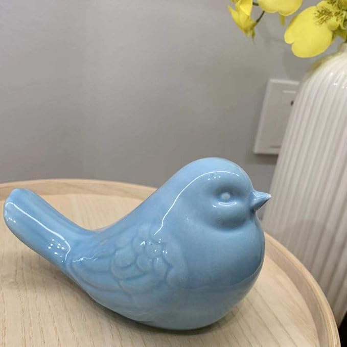 KiaoTime New Blue Glazed Ceramic Bird Figurine, Bird Statue, French Country Garden Cottage Bird Ornaments, Home Decor Accents Collectible Bird Figurine