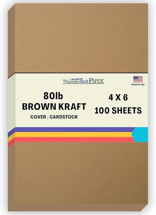 100 Brown Kraft Fiber 80# Cover Paper Sheets - 4" X 6" (4X6 Inches) Photo|Card|Frame Size - Rich Earthy Color with Natural Fibers - 80lb/pound Cardstock - Smooth Finish