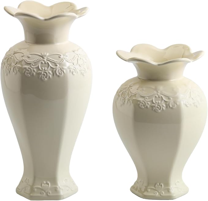 Relievo Elegant White Cream 8in 11in Ceramic Flower Tall Aesthetic Beige Table Tulip Wide Mouth Rose Filler Decorative Rustic Vase Decor for Home (Cream Vase, M)