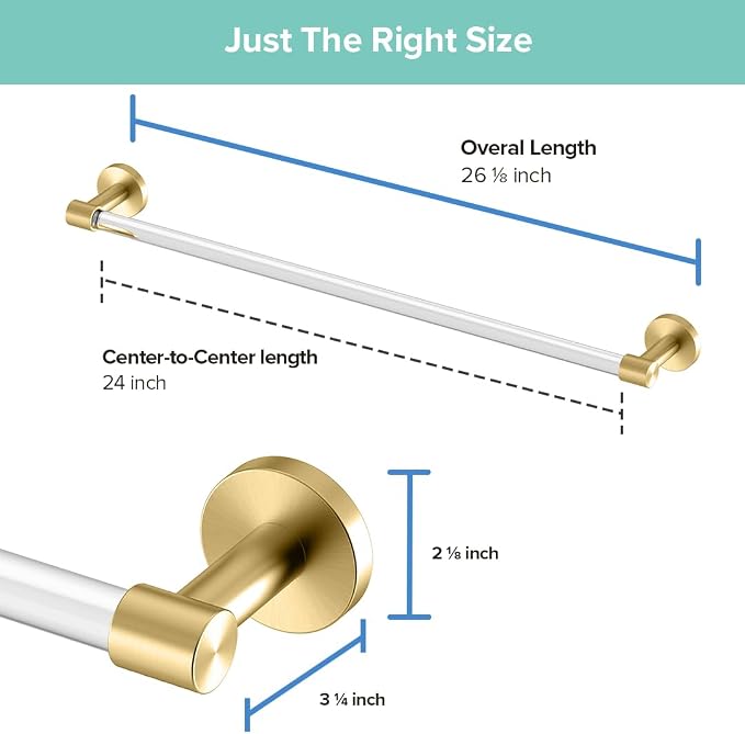 Gatco 5730 Clarion 24" Bathroom Towel Bar, Brushed Brass, Wall-Mounted Towel Rack, Crystal-Clear Acrylic Modern Bathroom Accessory