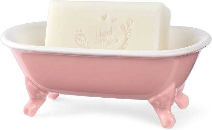 6.5" Ceramic Mini Decorative Clawfoot Bathtub Bar Soap Dish, Kitchen Sponge Holder and Shower Tray for Bathroom, 1 Pack(Rose)