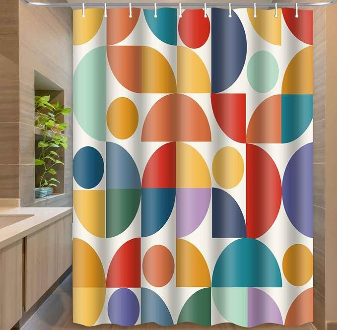 Vintage Colorful Rainbow Mid Century Shower Curtain Modern Abstract Geometric Art Bathroom Curtain Decor 60x72 Inch Washable Fabric Bright Retro Boho Circle Patterned Bath Curtain with 10 Hooks