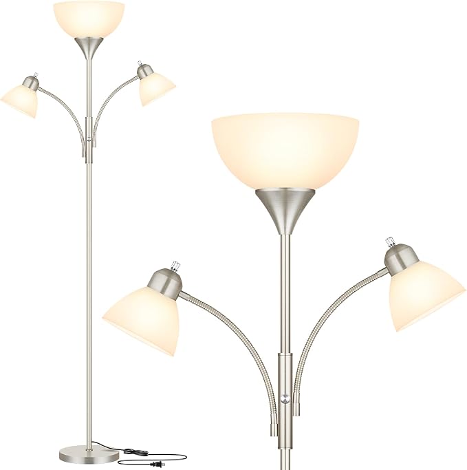 Coucrek Torchiere Floor Lamps for Living Room,72" Dimmable Lamp with 2 Adjustable Reading Lights for Bedroom, Tall Standing Room Lamp, 3 Bulbs Included