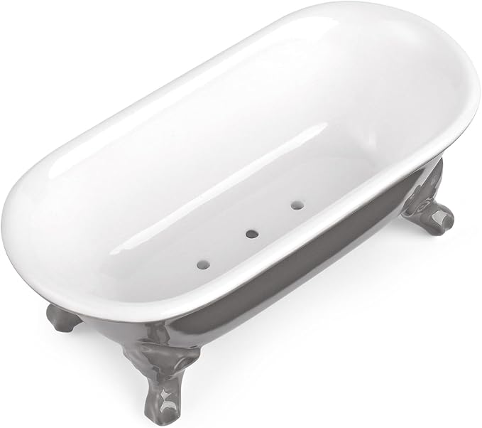 6.5" Ceramic Mini Decorative Clawfoot Bathtub Bar Soap Dish, Kitchen Sponge Holder and Shower Tray for Bathroom, 1 Pack(Stone Gray)