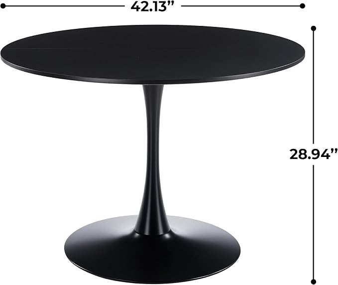 KEIKI 42.1" Round Dining Table, Mid Century Modern Bistro Table with Thickened MDF Tabletop & Metal Pedestal, for 4-6 People, Small Places, Cafe, Kitchen, Living Room, Black