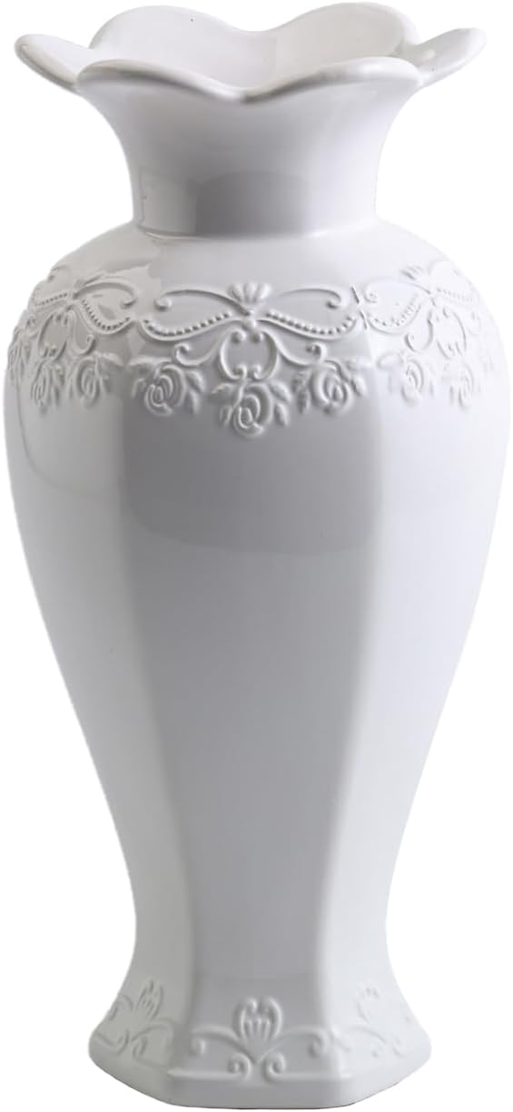 Relievo Elegant White Cream 8in 11in Ceramic Flower Tall Aesthetic Beige Table Tulip Wide Mouth Rose Filler Decorative Rustic Vase Decor for Home (White Vase, L)