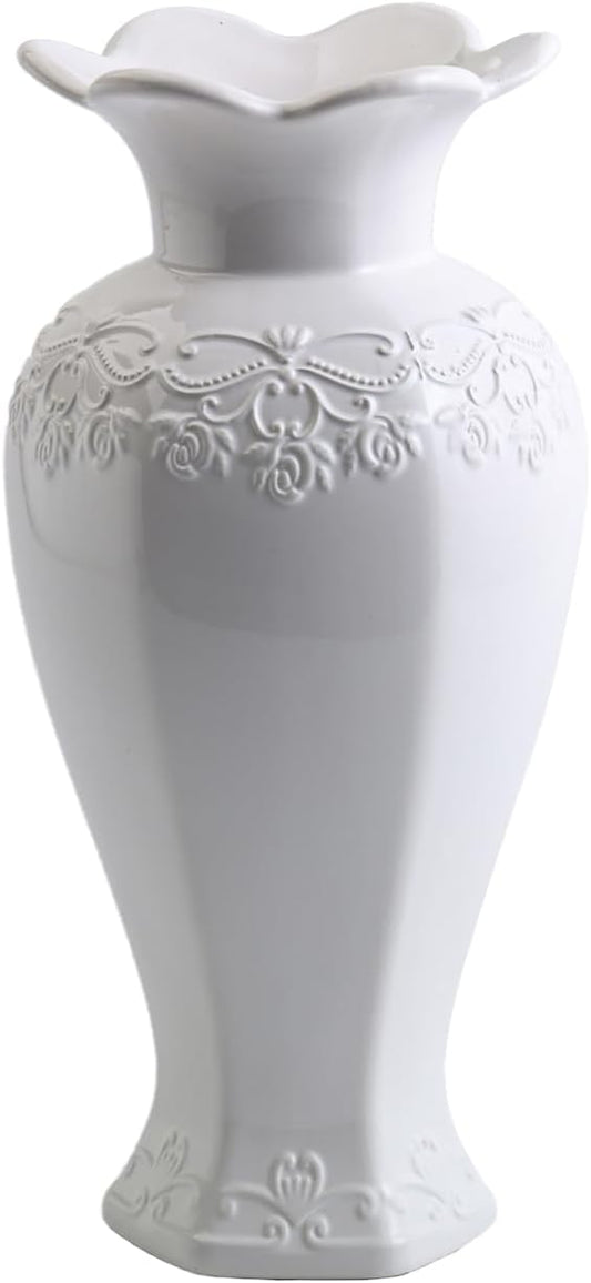 Relievo Elegant White Cream 8in 11in Ceramic Flower Tall Aesthetic Beige Table Tulip Wide Mouth Rose Filler Decorative Rustic Vase Decor for Home (White Vase, L)