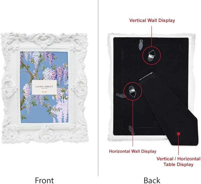 Laura Ashley 4x6 White Ornate Textured Hand-Crafted Resin Picture Frame with Easel & Hook for Tabletop & Wall Display, Decorative Floral Design Home Décor, Photo Gallery, Art, More (4x6, White)