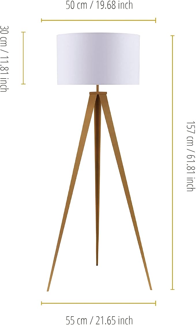 Teamson Home 61.81 in. Postmodern Tripod Floor Lamp with Foot Switch, Minimalist Lighting Option for Ambient, Accent, or Reading, Faux Natural Wood Grain Finish and White Drum Shade
