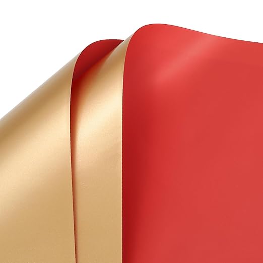 Double Sided Color Flower Wrapping Paper - 20 Sheet Waterproof Floral Bouquet Wrapping Paper Fits for Wedding Graduation Gifts - (22.8x22.8 Inch, Red/Gold)