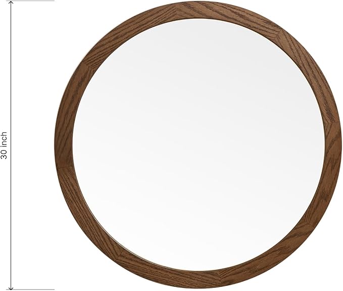ARIEL Round Wooden Mirror 30" in Brown Oak, Wood Circle Wall Mirror for Bathroom, Vanity, Entryway & Living Room Decor, Farmhouse Style