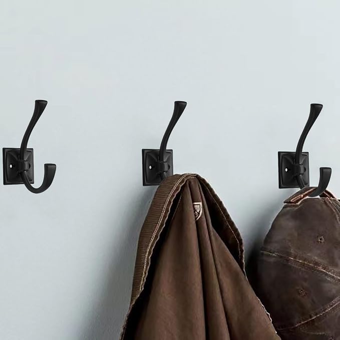 3 Pack Decorative Heavy Duty Towel Hooks for Hanging Robe Double Matte Black Coat Hooks Wall Mounted with Screws for Key, Towel, Bags, Cup, Hat