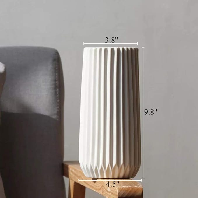 Large White Ceramic Vase, 9.8'' H Modern Vase for Flower, Origami Stripe Frosted Matte Surface, White Vases for Decor Wedding Decor (Large 9.8"*4.9" (H x D))