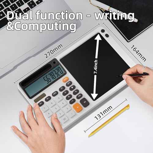 Solar Desktop Calculator with 7.5 inc LCD Writing Membrane, 15¡Æ Tilt for Easy Reading, Integrated Phone Stand, Voice & Silent Modes, Anti-Slip Pads for Stability, Ideal for Office & Study Use