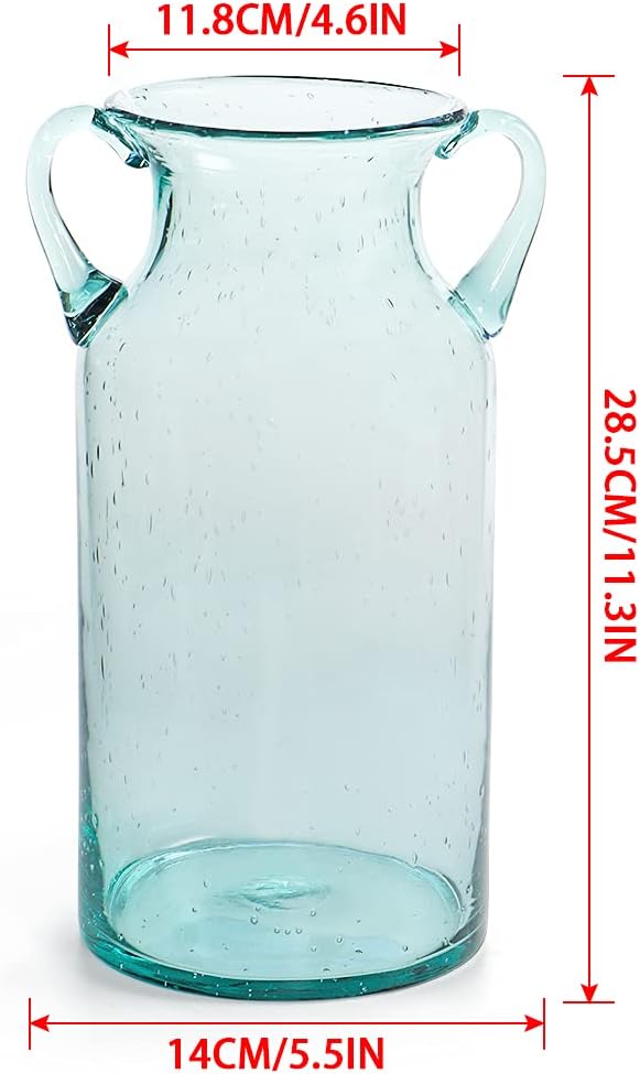 MDLUU Decorative Glass Vase 11" Tall, Bubble Air Flower Vase with Handles, Handblown Jug Vase for Dining Room, Bedroom, Bathroom, Mantel