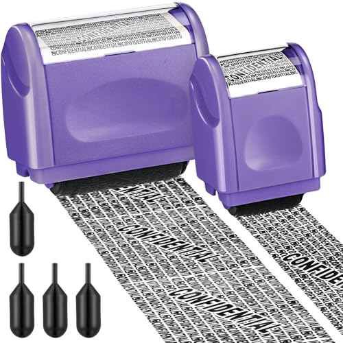Nezyo 2 Pack Identity Protection Roller Stamp Identity Theft, Confidential, Privacy Roller Stamp Information Blocker and 4 Pack Refill Ink for ID Account Data Address Security(Purple)