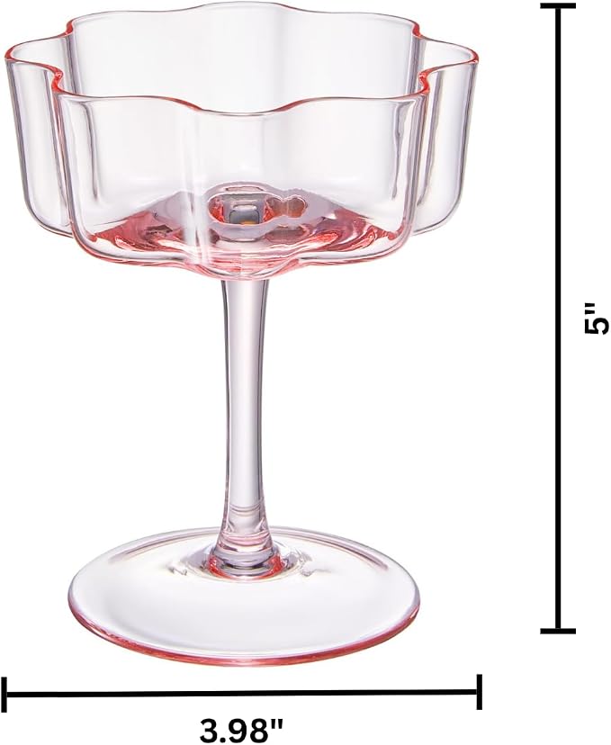 Flower Scalloped Vintage Wavy Petals Wave Glass Coupes 7oz Colorful Martini, Champagne & Cocktails, 4 Set Pink Rippled Champagne Glasses, Elegant Bar Glassware, Unique Aesthetic Coupe Glassware Gifts