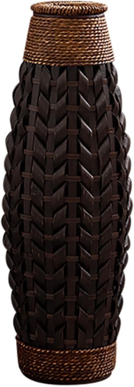28.9''H Rustic Tall Woven Bamboo & Rattan Floor Vase – Decorative Standing Accent Vase for Dried or Silk Flowers, Farmhouse & Boho Home Decor for Living Room or Entryway (Black & Brown, Large)