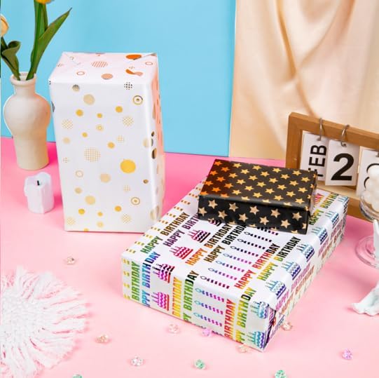 Linnoptimix Birthday Wrapping Paper Rolls -3 LARGE ROLL-27inch*78 inch per roll Colorful Foil White Black wrapping paper(Birthday 1 White/Gold&1 Black/Gold &1White/Colorful Foil（013）)