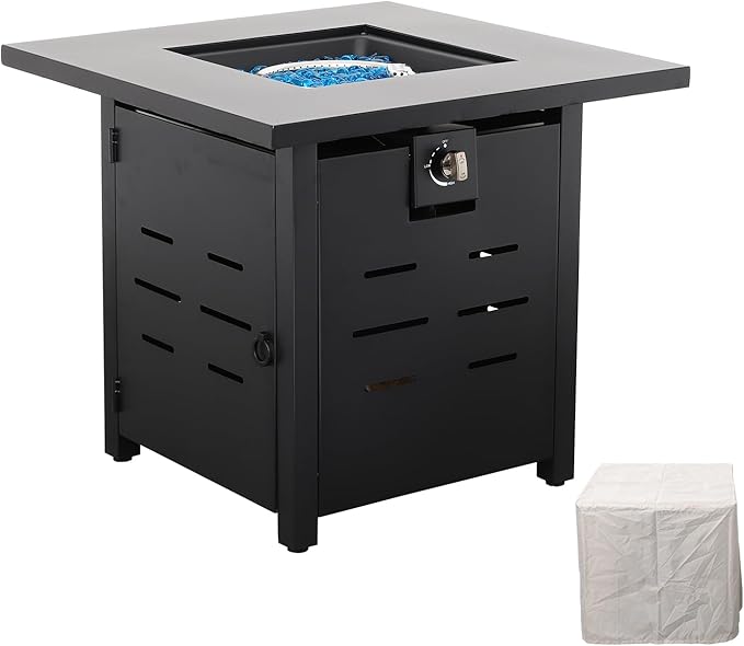 Propane Fire Pit 28 Inch Outdoor Fire Pit 50000 BTU Square Gas Fire Table with Steel Lid Blue Crystal Beads and Waterproof Cover for Outside Patio and Garden