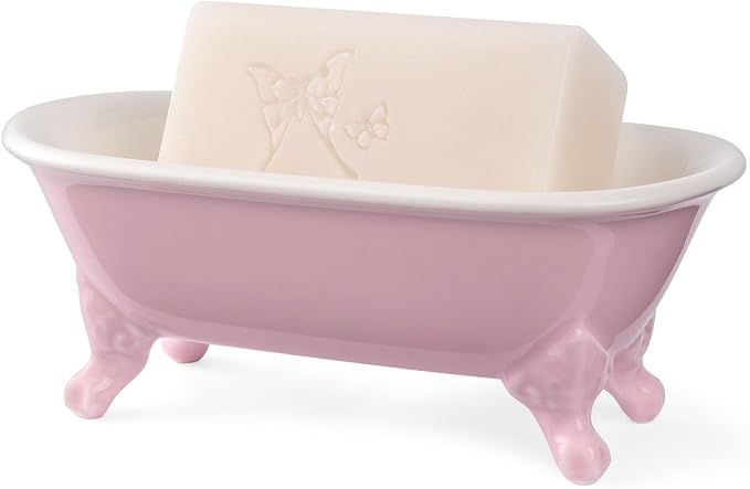 6.5" Ceramic Mini Decorative Clawfoot Bathtub Bar Soap Dish, Kitchen Sponge Holder and Shower Tray for Bathroom, 1 Pack (Pink)