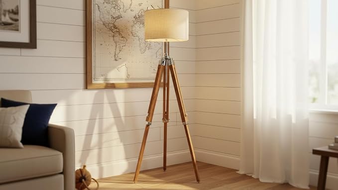 THOR INSTRUMENTS Vintage Classic Teak Wood Tripod Floor Lamp Nautical Floor Home Decor lamp (Lamp Shade is not Included) Rustic Vintage Home Decor Gifts