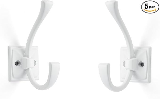 Large Wall Hooks 5 Pack White Coat Hooks Hardware Towel Hooks for Hanging Coats 4.35 Inch Double Robe Hooks Wall Mounted with Screws for Key, Towel, Bags, Cup, Hat