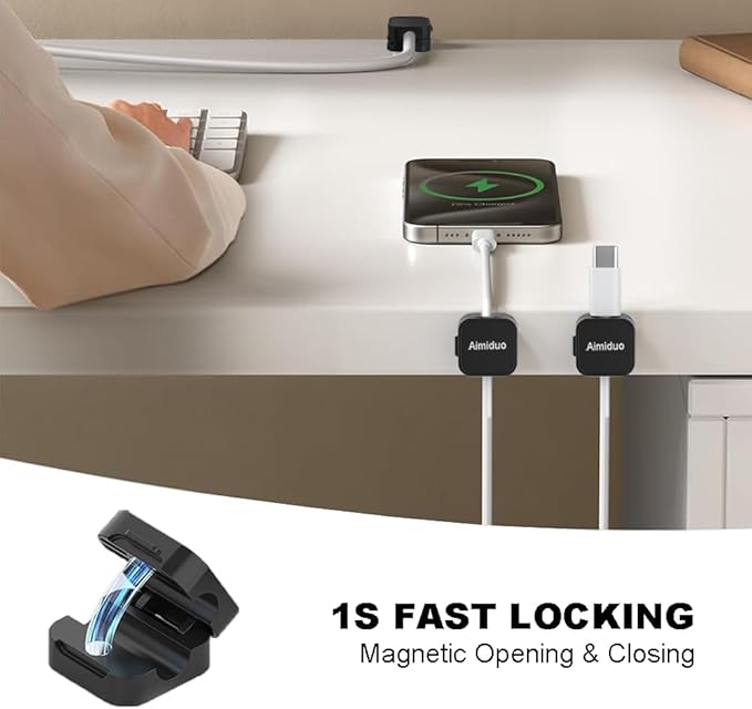 Magnetic Cable Clips Cord Organizer Holder,10-Pack Cable Management Cord Clips,Adhesive Phone Cable Wire Charger Cord Holder For Nightstand Desk Charging Cords Wall Car Desktop Office (10, Black)