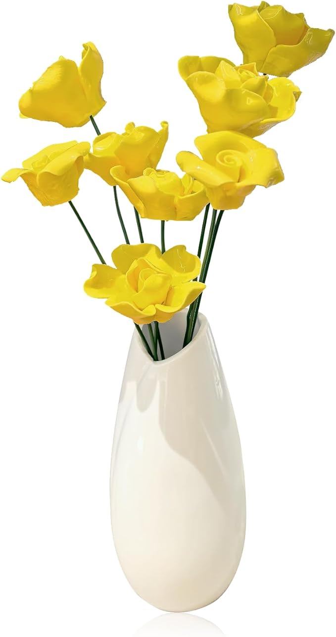 Artificial Flowers with Vase Set, 8 Handmade Ceramic Flowers with Premium Ceramic Vase, Easy Assembly Home Decor Gift Box for Wedding, Mother’s Day, Table Centerpiece, Eternal Bloom (Yellow)