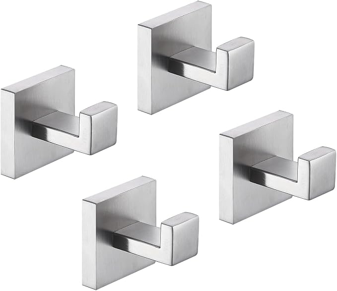 TASTOS Bath Towel Hooks Brushed Nickel, 4 Pack Stainless Steel Robe Coat and Clothes Hook, Heavy Duty Wall Hook for Bathroom & Kitchen, Modern Square Style Wall Mounted